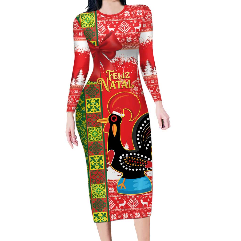 Portugal Christmas Long Sleeve Bodycon Dress Barcelos Rooster Mix Azulejo Pattern - Feliz Natal - Wonder Print Shop