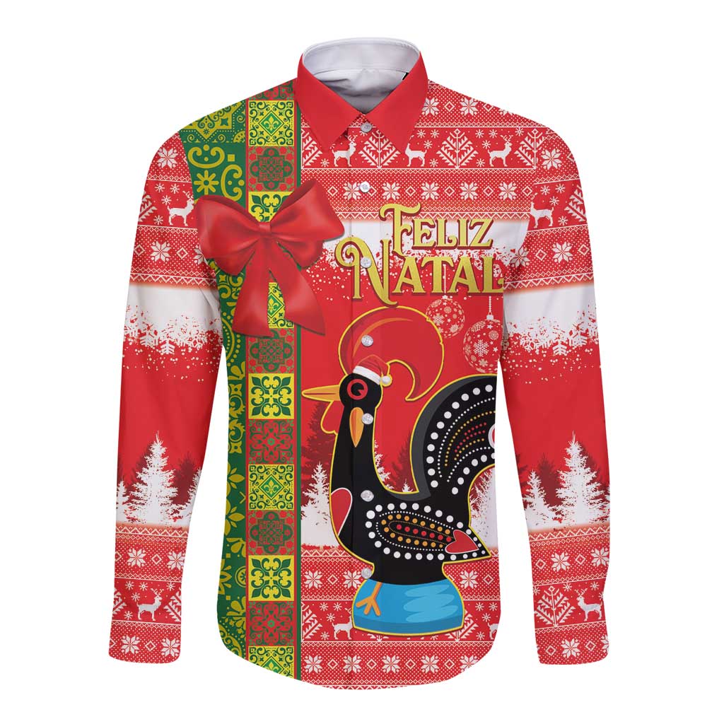 Red long-sleeve button shirt with Feliz Natal graphic and rooster illustration