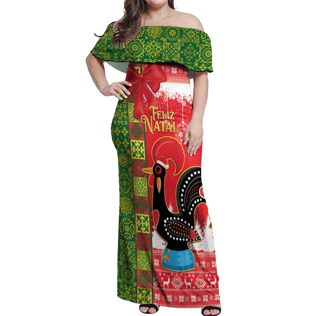 Portugal Christmas Off Shoulder Maxi Dress Barcelos Rooster Mix Azulejo Pattern - Feliz Natal - Wonder Print Shop