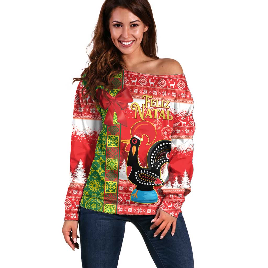 Portugal Christmas Off Shoulder Sweater Barcelos Rooster Mix Azulejo Pattern - Feliz Natal - Wonder Print Shop