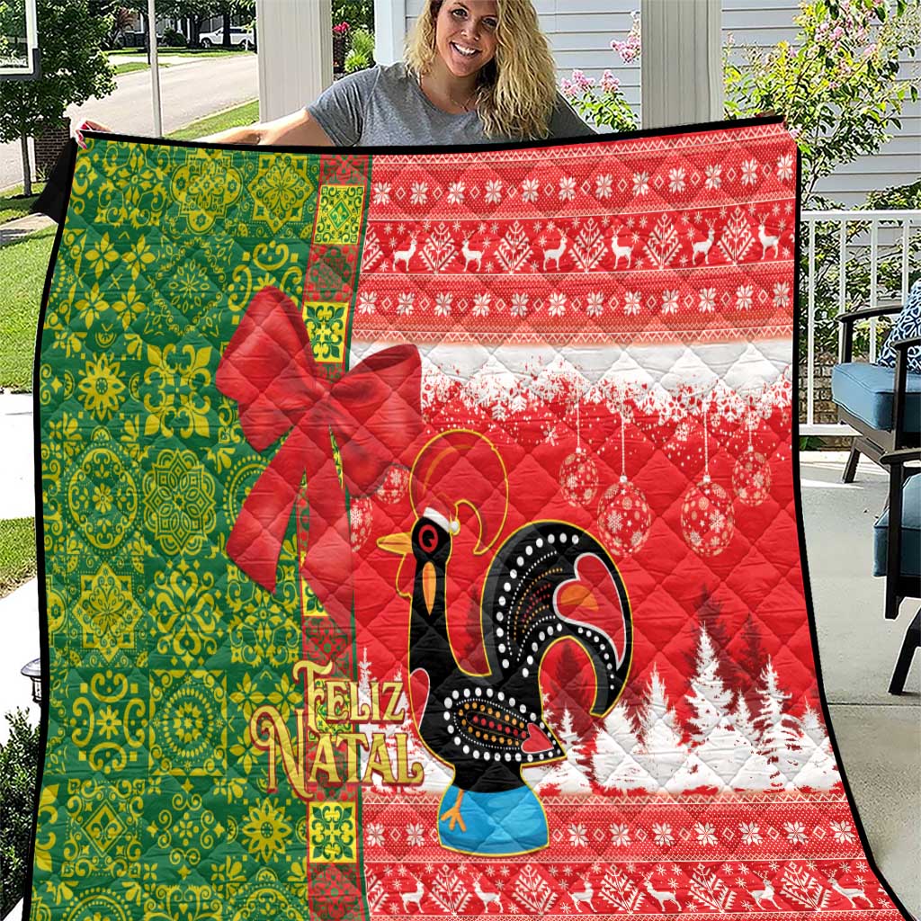 Folded Christmas quilt featuring rooster design, Feliz Natal text, green and red tile patterns