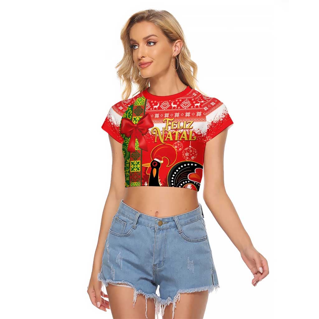 Portugal Christmas Raglan Cropped T Shirt Barcelos Rooster Mix Azulejo Pattern - Feliz Natal - Wonder Print Shop