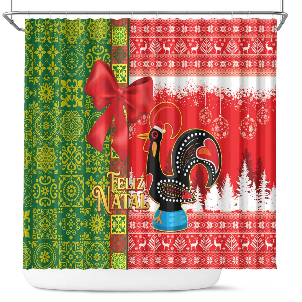 Portugal Christmas Shower Curtain Barcelos Rooster Mix Azulejo Pattern - Feliz Natal