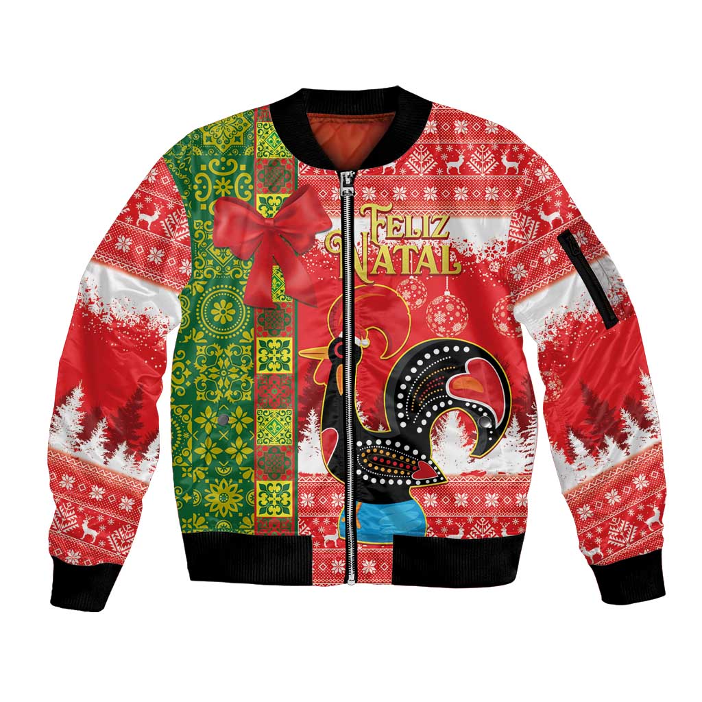 Portugal Christmas Sleeve Zip Bomber Jacket Barcelos Rooster Mix Azulejo Pattern - Feliz Natal - Wonder Print Shop