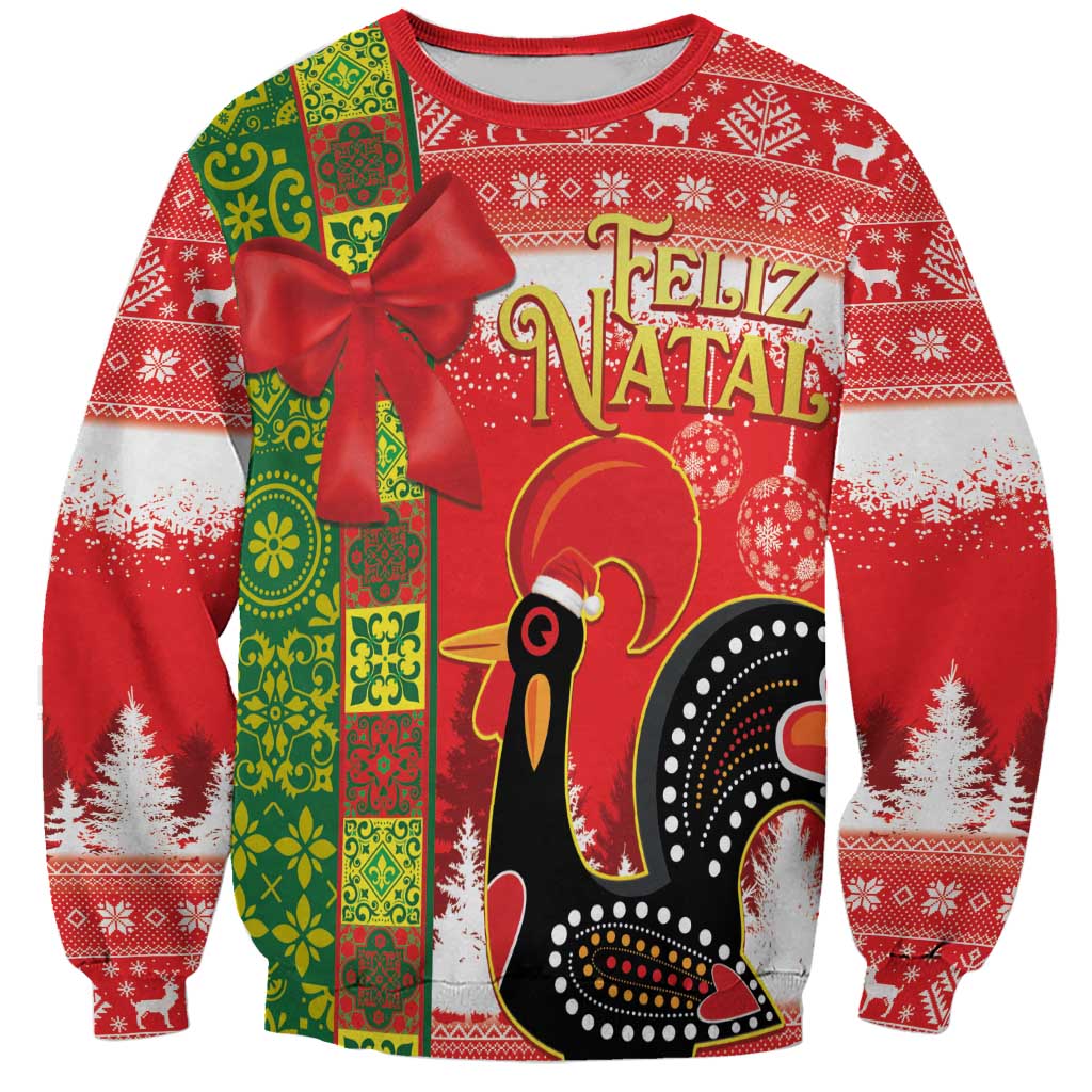 Red unisex Christmas sweatshirt with bow and rooster Feliz Natal graphic