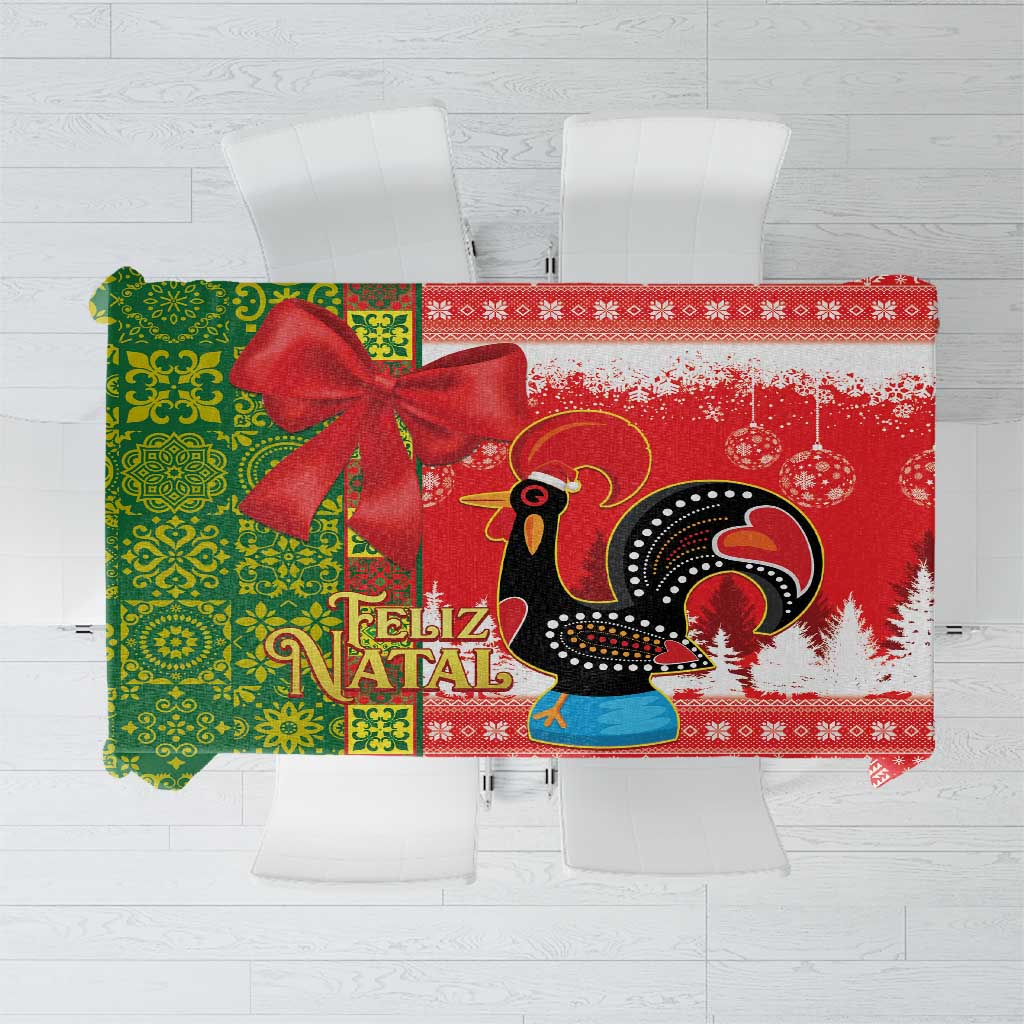 Red and green Christmas tablecloth with rooster and Feliz Natal azulejo-style pattern
