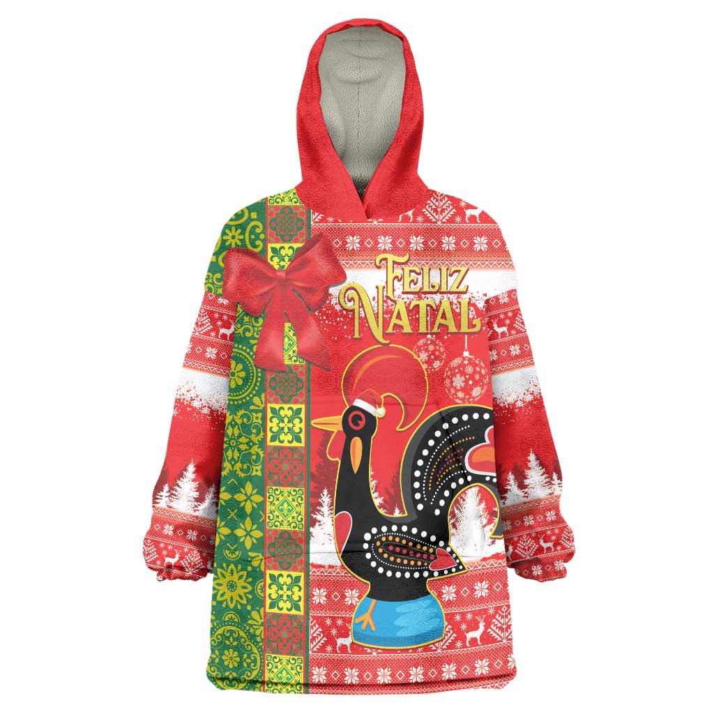 Portugal Christmas Wearable Blanket Hoodie Barcelos Rooster Mix Azulejo Pattern - Feliz Natal