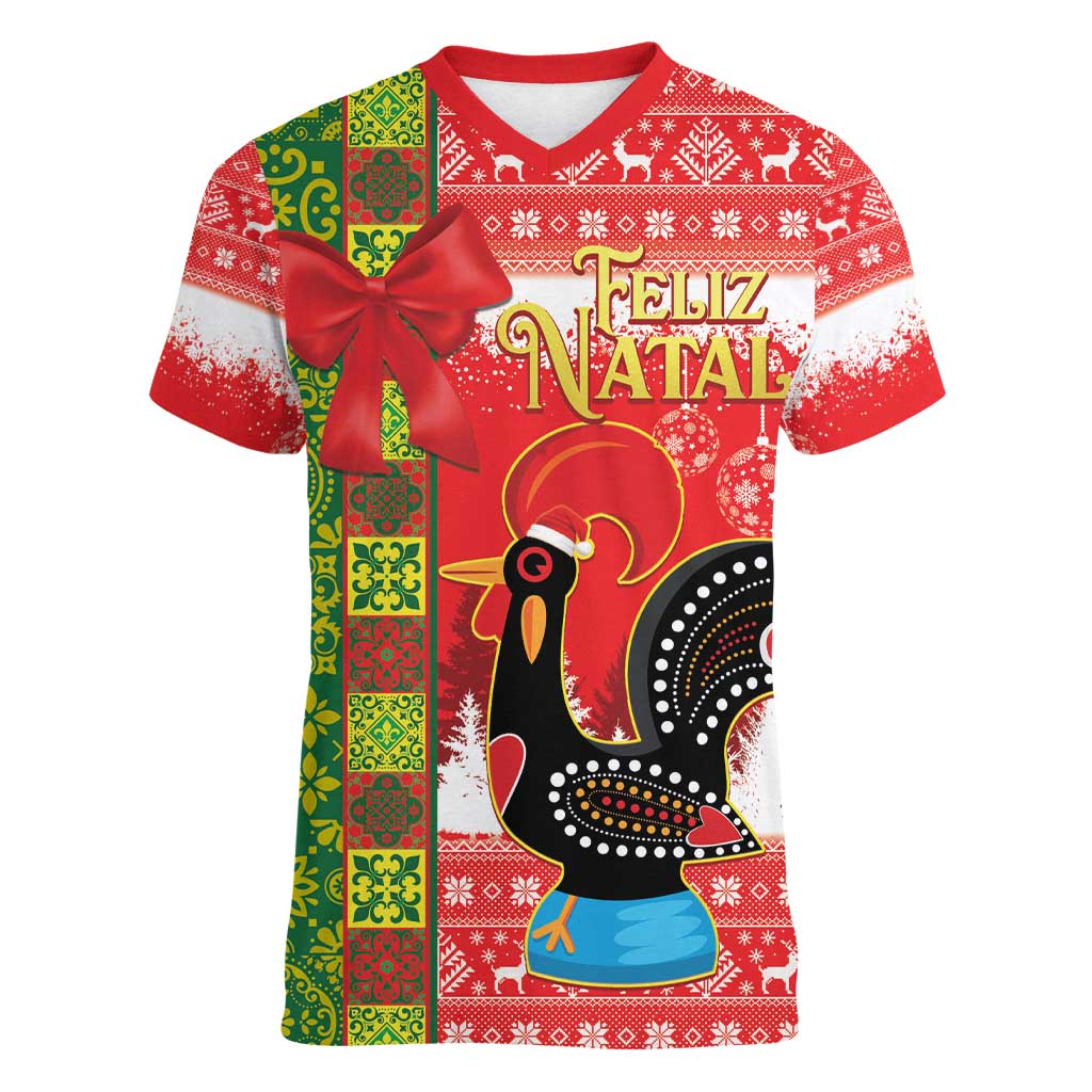 Portugal Christmas Women V-Neck T-Shirt Barcelos Rooster Mix Azulejo Pattern - Feliz Natal - Wonder Print Shop