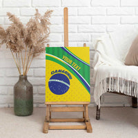 Brazil-themed canvas wall art on easel, green and yellow stripes with blue emblem and 'YOUR TEXT'
