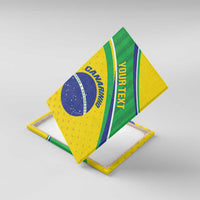 Brazil football canvas wall art shown at an angle: green/yellow stripes, blue emblem, 'YOUR TEXT'