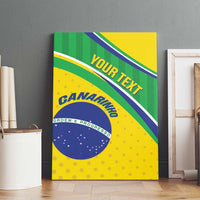 Brazil football canvas wall art leaning on shelves, green and yellow design with blue circle, 'YOUR TEXT'