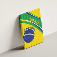 Brazil football canvas wall art mounted on a wall, green/yellow stripes, blue emblem, 'YOUR TEXT'