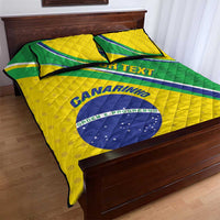 Brazil football quilt bed set with quilt and pillows, yellow/green and blue crest with text