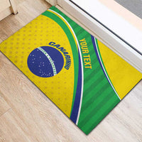 Yellow and green rubber football doormat with Brazil crest and custom text, corner view