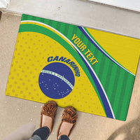 Yellow rubber doormat with green striped Brazil flag, Brazil crest, and custom text