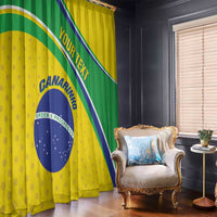 Brazil-themed curtain panel draped; green-and-yellow with blue round emblem.