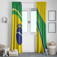Brazil-themed curtain pair hanging on window, green and yellow flag print.