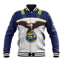 Navy and white varsity baseball jacket with button front, ribbed trim, and eagle crest