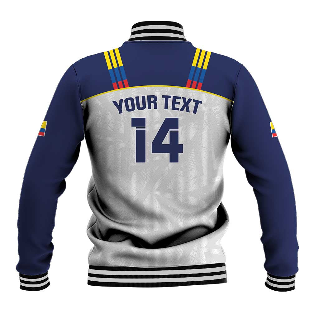 Navy and white varsity jacket back with ribbed trim, 'YOUR TEXT' and number 14