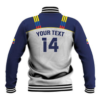 Navy and white varsity jacket back with ribbed trim, 'YOUR TEXT' and number 14