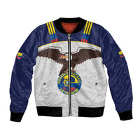 Custom football bomber jacket with navy sleeves, white front, zipper and crest eagle