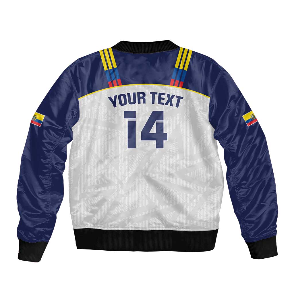 Custom football bomber jacket with navy sleeves, white back, 'YOUR TEXT' and number 14