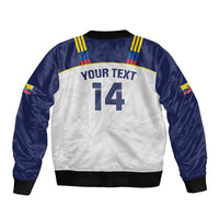 Custom football bomber jacket with navy sleeves, white back, 'YOUR TEXT' and number 14