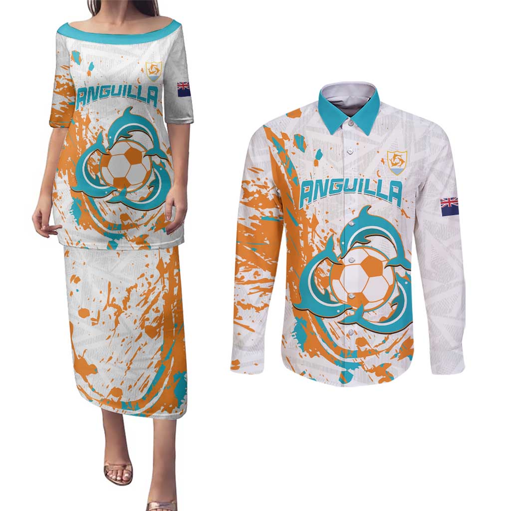 Custom Anguilla Football Couples Matching Puletasi and Long Sleeve Button Shirt Go Champions Grunge Style