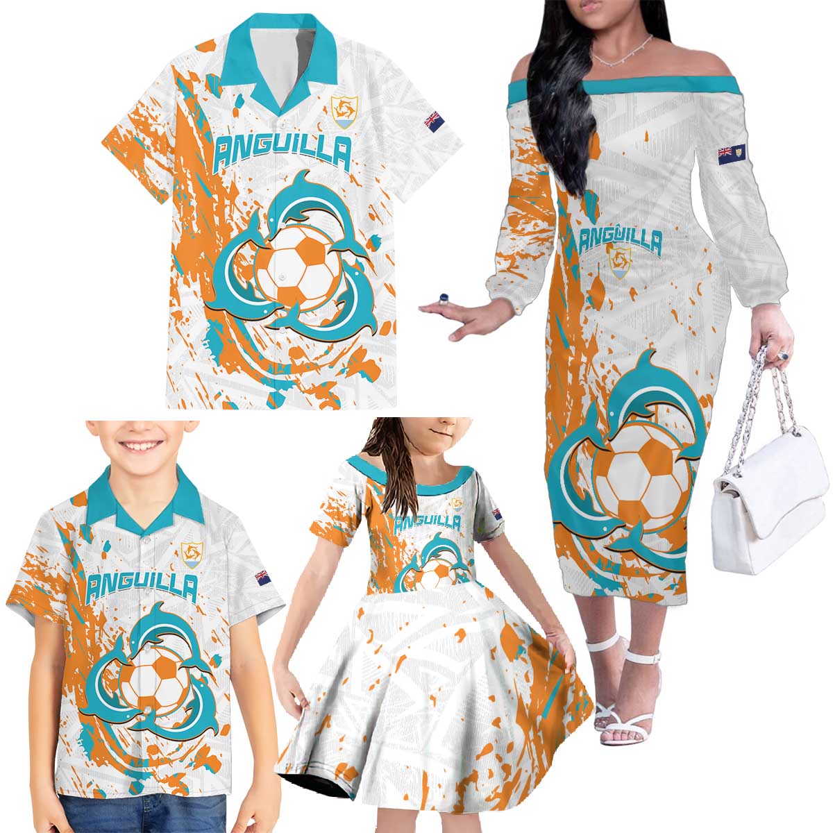 Custom Anguilla Football Family Matching Off The Shoulder Long Sleeve Dress and Hawaiian Shirt Go Champions Grunge Style