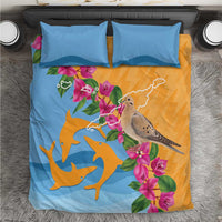 Duvet cover with two blue pillowcases, orange sea-and-dolphin design with dove and flowers
