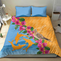 Bedding set with two blue pillowcases and orange-blue duvet, dove and dolphin illustration