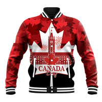 Red baseball jacket with striped collar and front Canada Day graphic over white shield