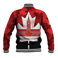 Red baseball jacket with striped collar, black hem, and large white Canada landmark print