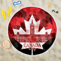 Red round Canada Day beach blanket with white maple leaf and city skyline, fringed edge