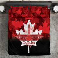 Red maple leaf duvet set with "Canada Day" graphic and matching square pillow shams
