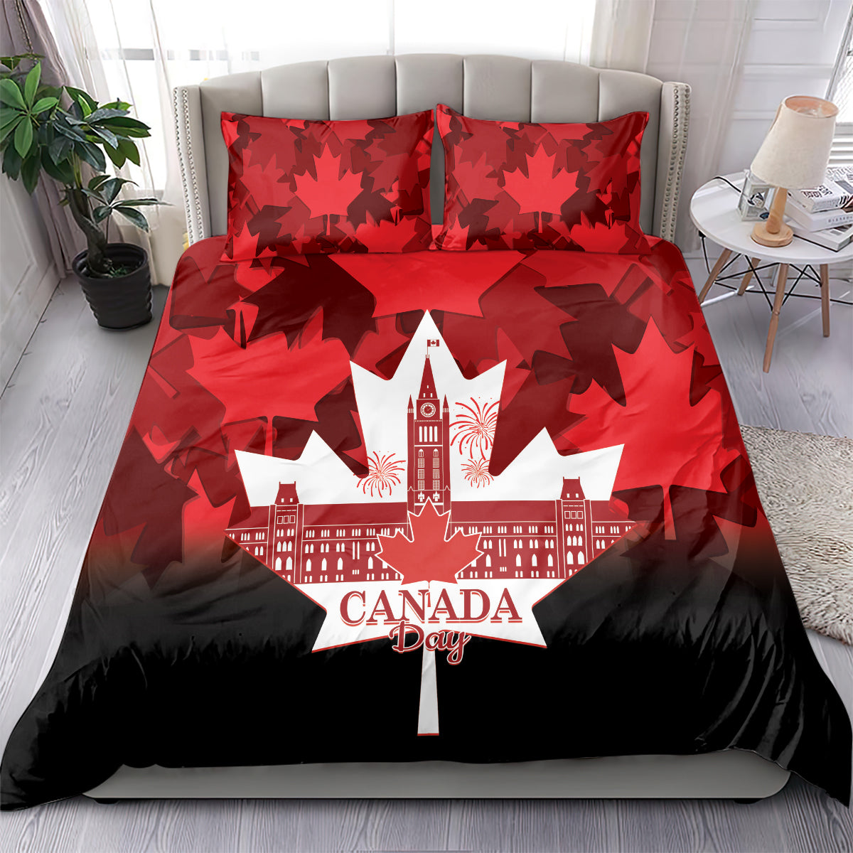 Red and black Canada Day bedding set with maple leaf pattern and white star centerpiece
