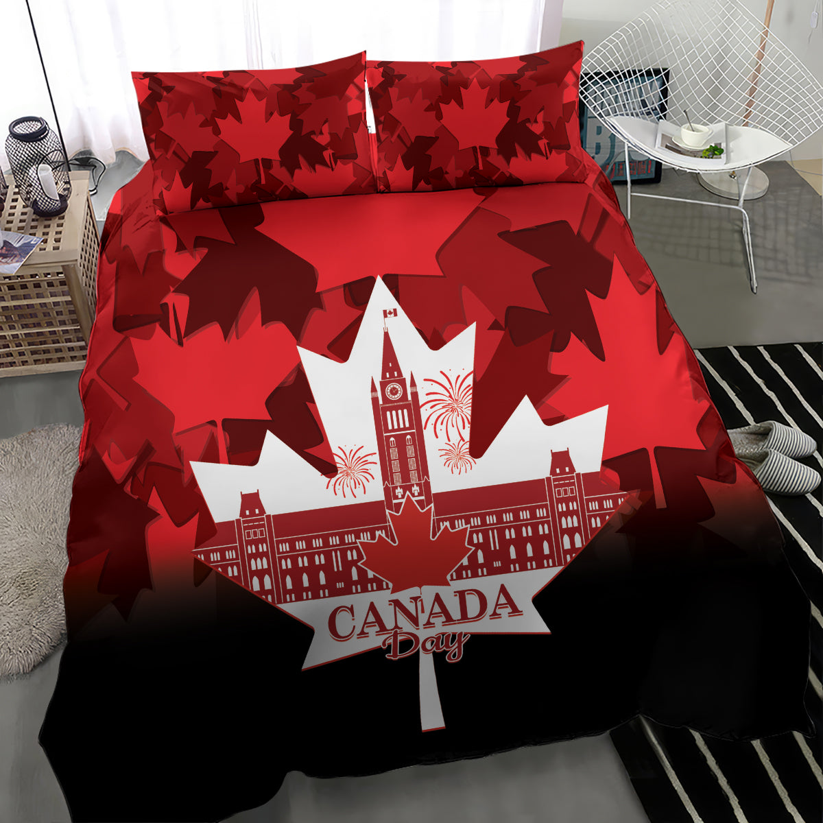 Red maple leaf patterned duvet with "Canada Day" text and white maple leaf skyline center