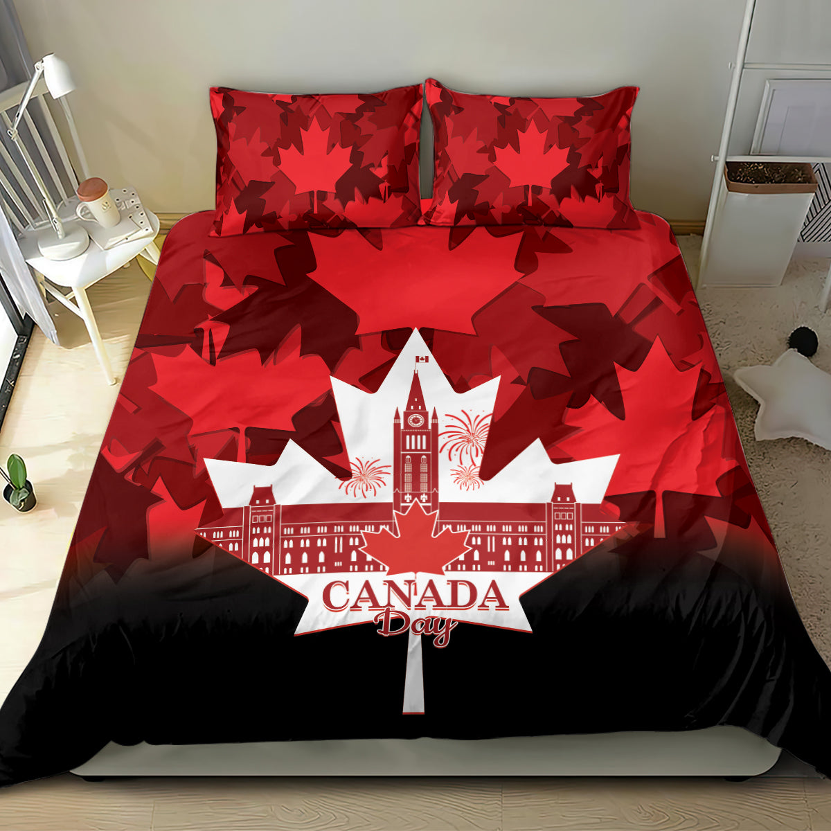 Red and black Canada Day bedding set with maple leaf pattern and city skyline graphic
