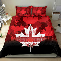 Red and black Canada Day bedding set with maple leaf pattern and city skyline graphic
