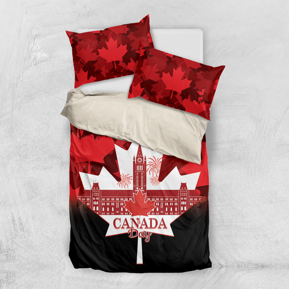 Red bedding set with red maple leaf pattern, Canada Day text, and matching pillowcases