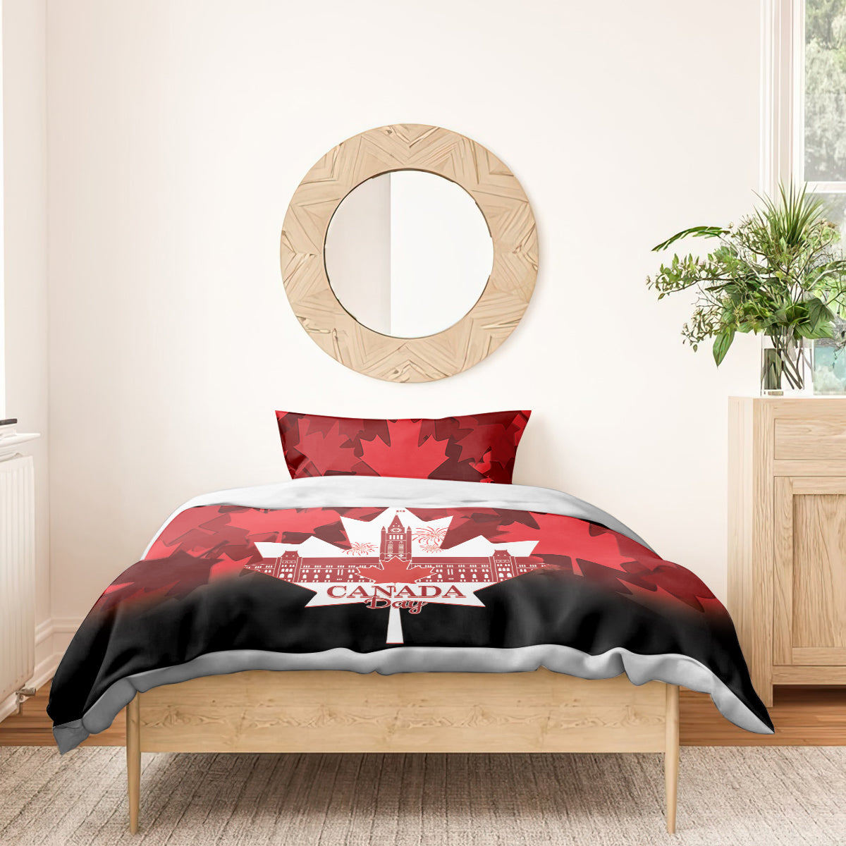 Red and black duvet with white maple leaf, city skyline, and "Canada Day" wording