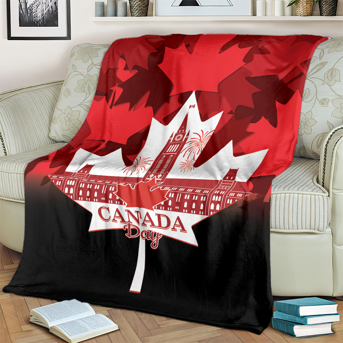 Canada Day throw blanket with red maple leaves, white architectural skyline and red “Canada Day”