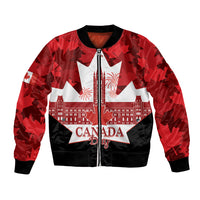 Red bomber jacket with zip front, Canada star graphic, maple leaf pattern sleeves.