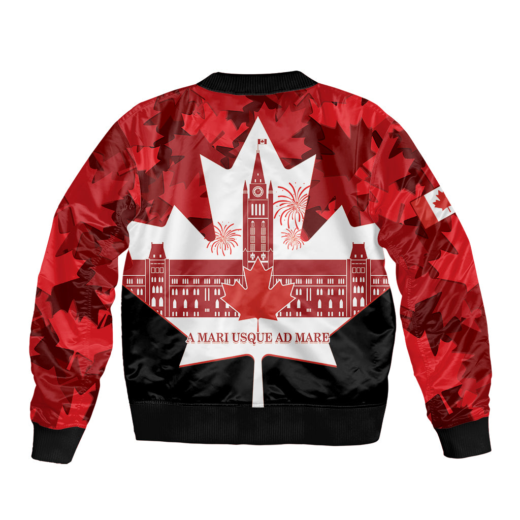 Red bomber jacket with zip front, star emblem and fireworks; quote text on chest.