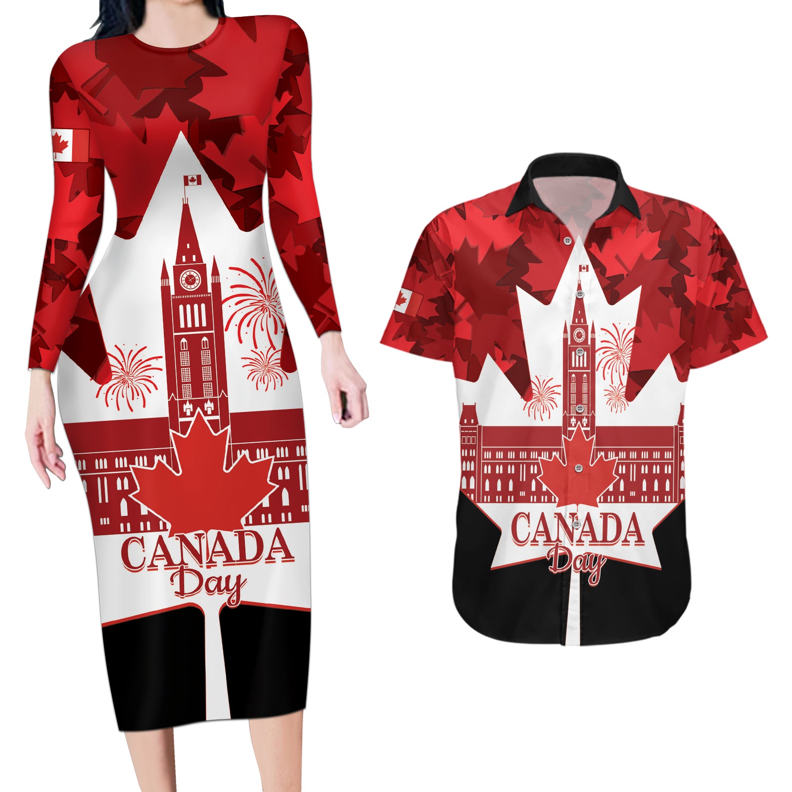 Canada Day Couples Matching Long Sleeve Bodycon Dress and Hawaiian Shirt 2024 Canadian Maple Leaf Pattern - Wonder Print Shop