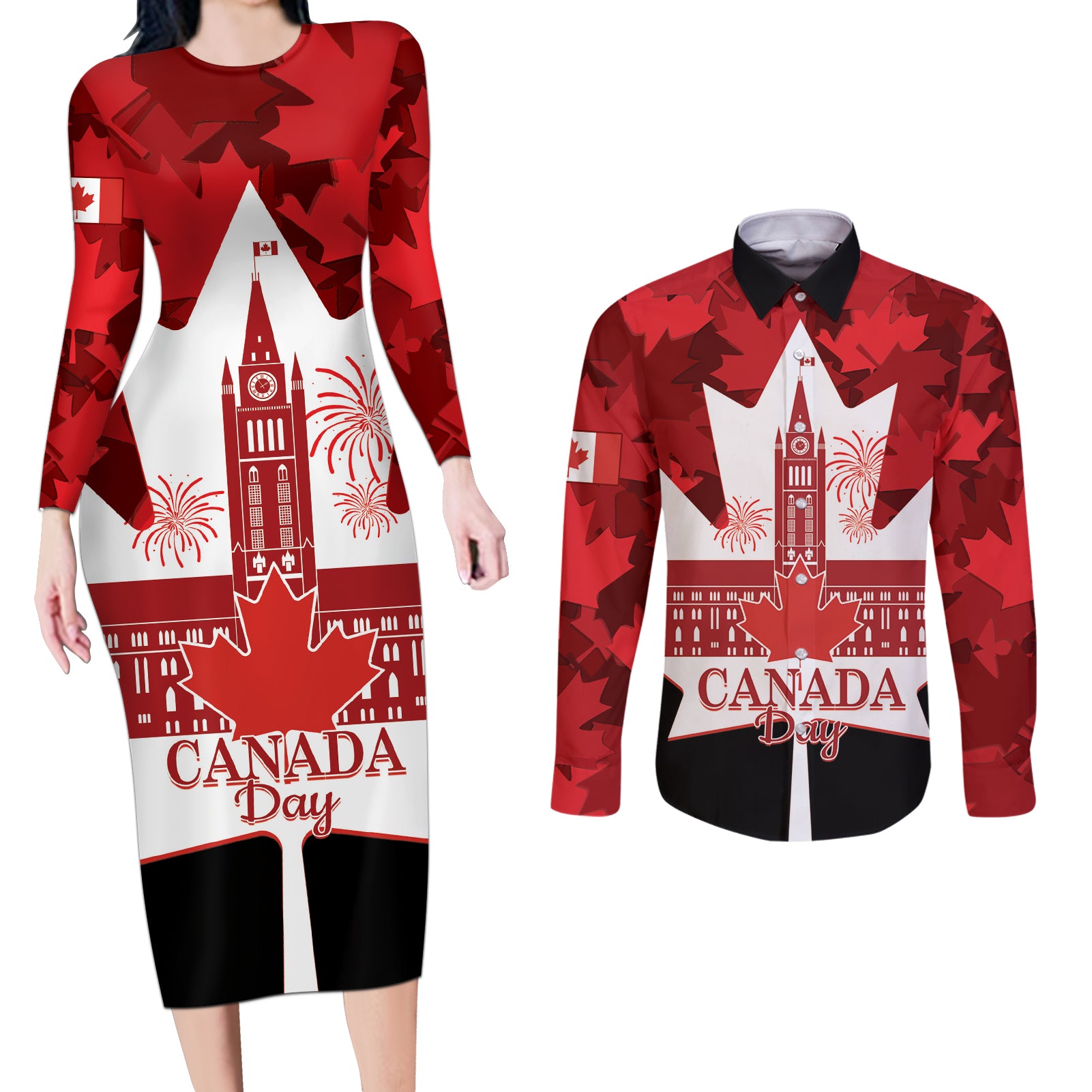 Canada Day Couples Matching Long Sleeve Bodycon Dress and Long Sleeve Button Shirt 2024 Canadian Maple Leaf Pattern - Wonder Print Shop