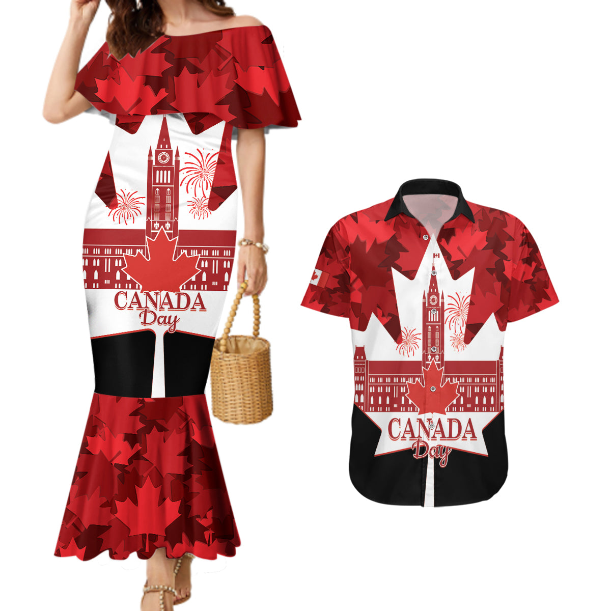 Canada Day Couples Matching Mermaid Dress and Hawaiian Shirt 2024 Canadian Maple Leaf Pattern - Wonder Print Shop