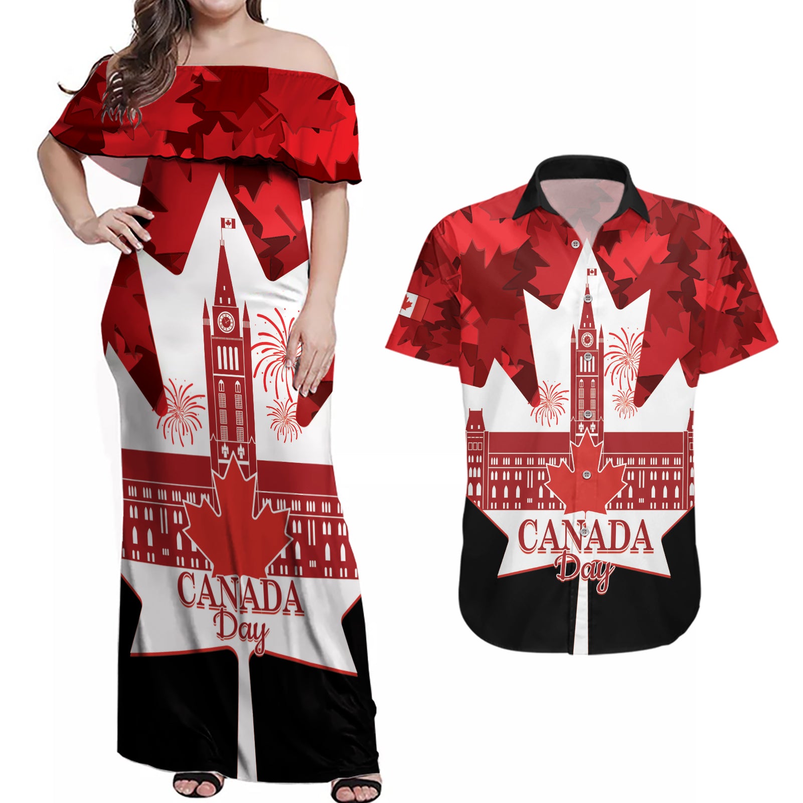 Canada Day Couples Matching Off Shoulder Maxi Dress and Hawaiian Shirt 2024 Canadian Maple Leaf Pattern - Wonder Print Shop