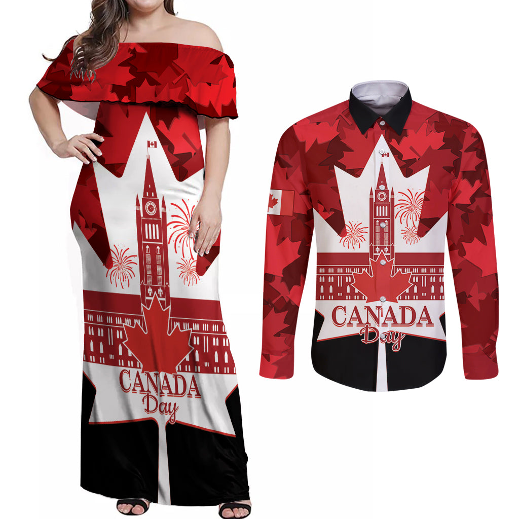 Canada Day Couples Matching Off Shoulder Maxi Dress and Long Sleeve Button Shirt 2024 Canadian Maple Leaf Pattern - Wonder Print Shop