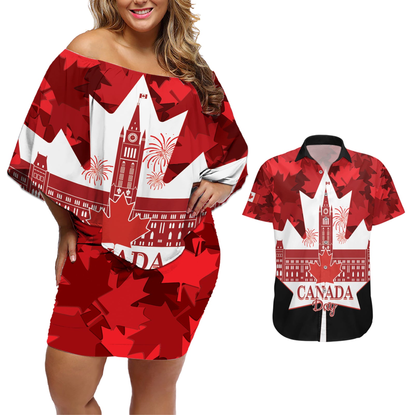 Canada Day Couples Matching Off Shoulder Short Dress and Hawaiian Shirt 2024 Canadian Maple Leaf Pattern - Wonder Print Shop